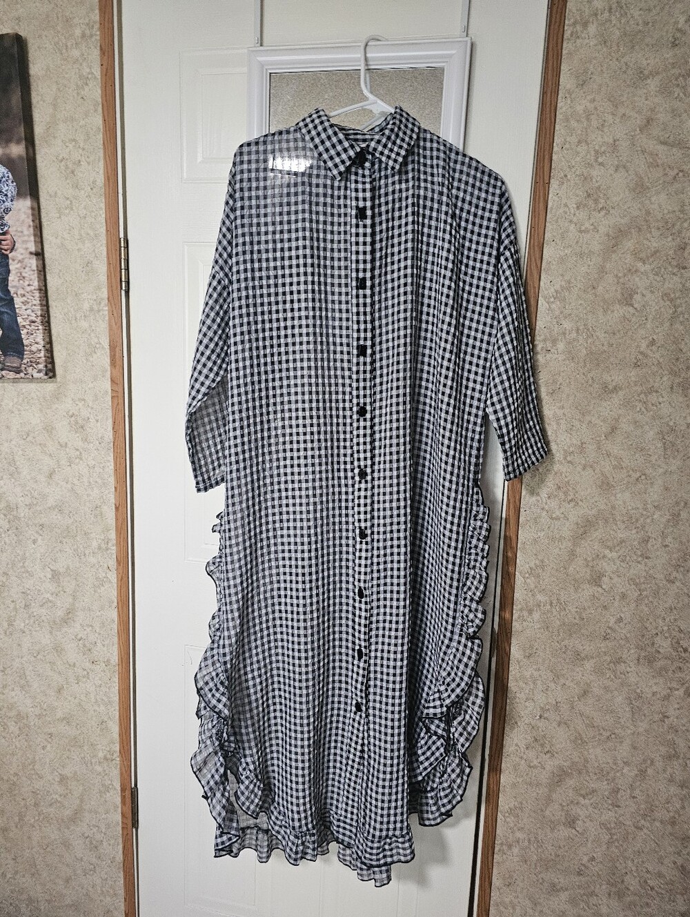 Gingham Ruffle-Trim Button-Front Dress - Black/White